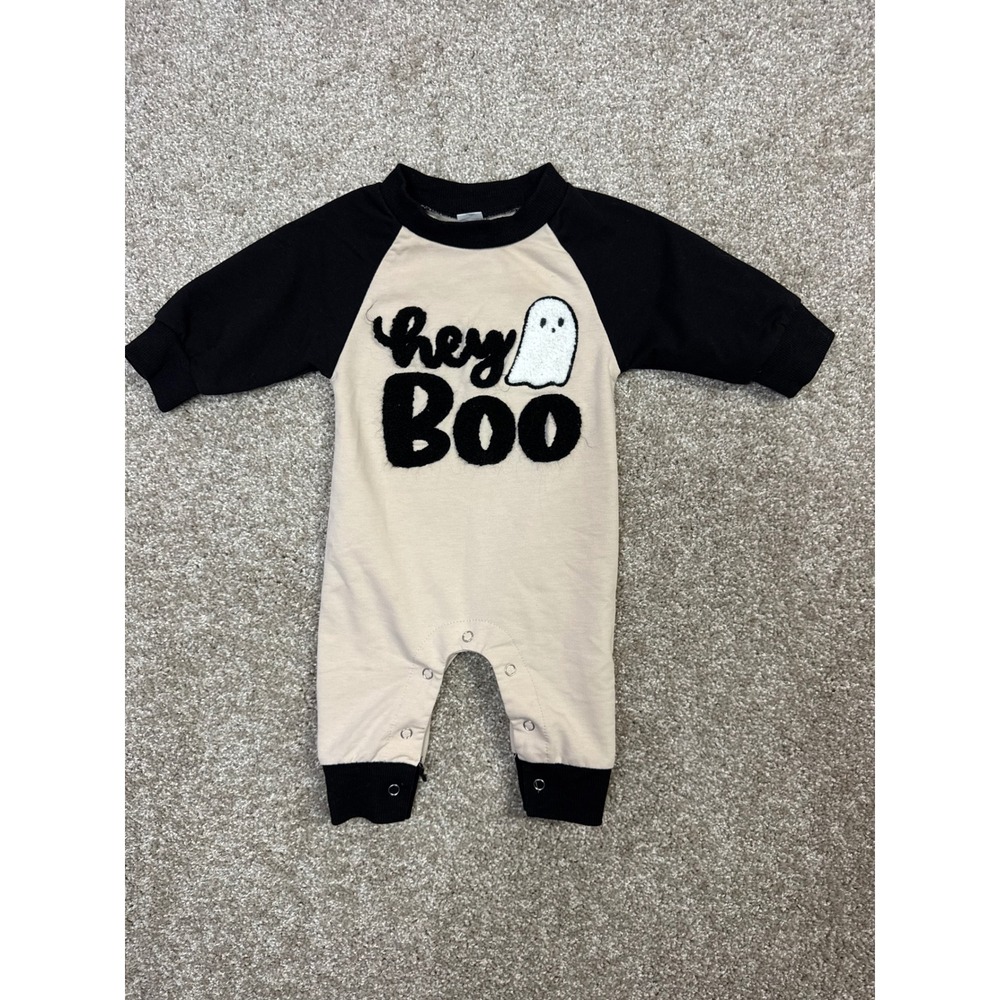 Hey Boo Ghost Halloween Baby Romper Long Sleeve Black Tan 0-3M